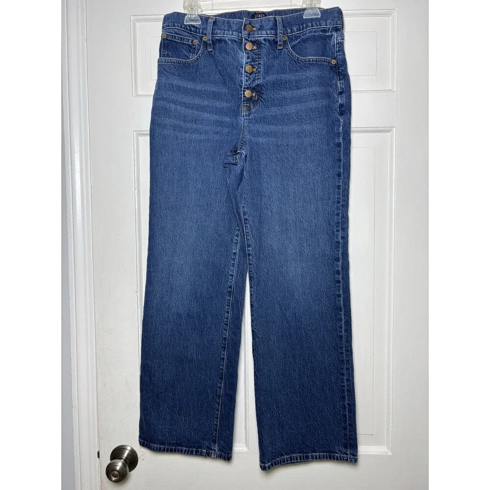 J. Crew Wide Leg Full Length Jeans Womens 29 Button Fly Dark Wash Blue Denim Mom
